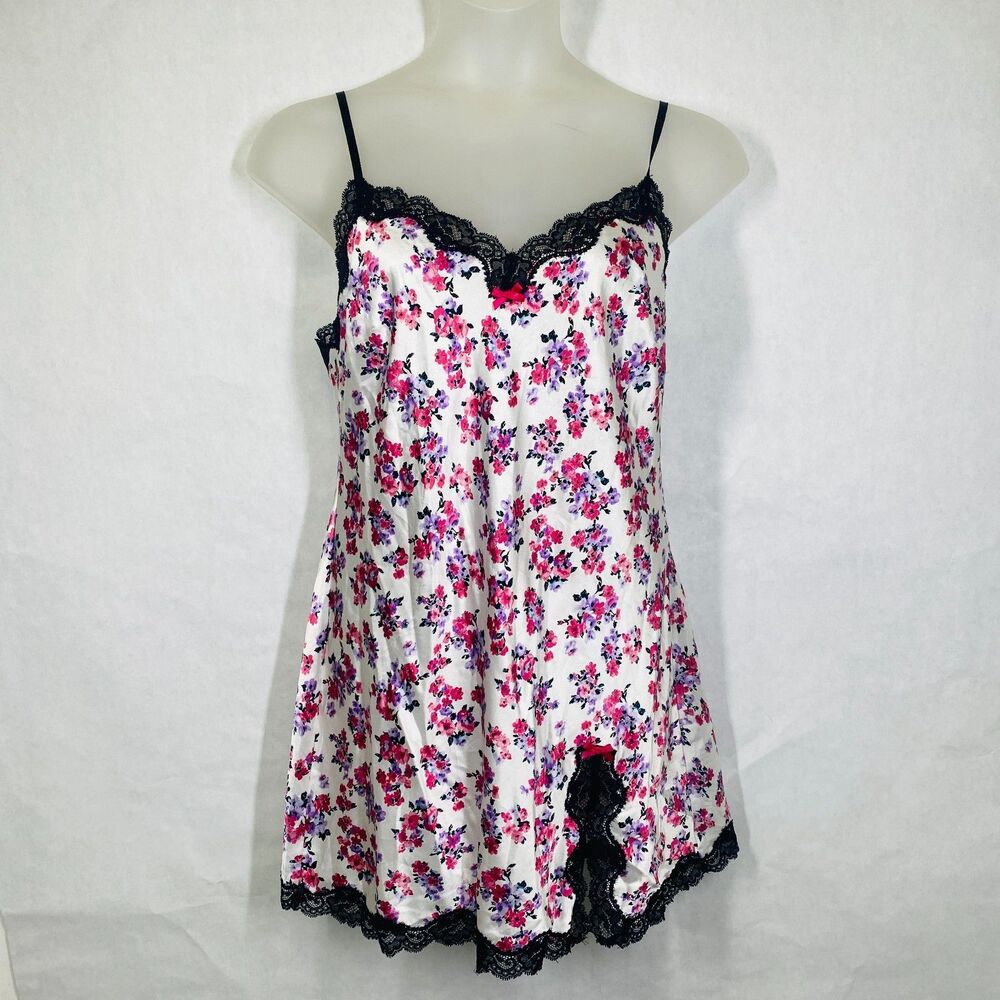 Victoria Secret Satin Slip Dress Women L White Floral Lace Spaghetti